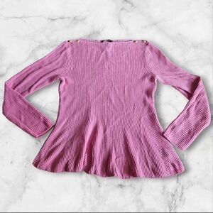 Lauren Ralph Lauren Pink Ribbed Long Sleeve Knit Top Size XL Decorative Buttons